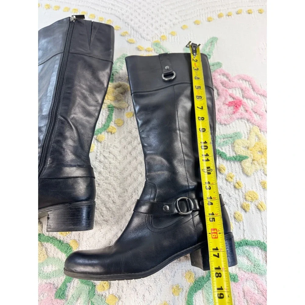 Bandolino BDCOPLIE Black Leather Tall Riding Boots Womens 10M Block Heel Harness